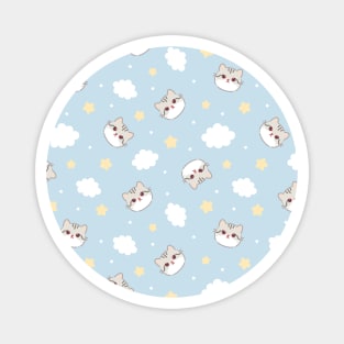 Pattern with white gray cat face, clouds and stars Magnet